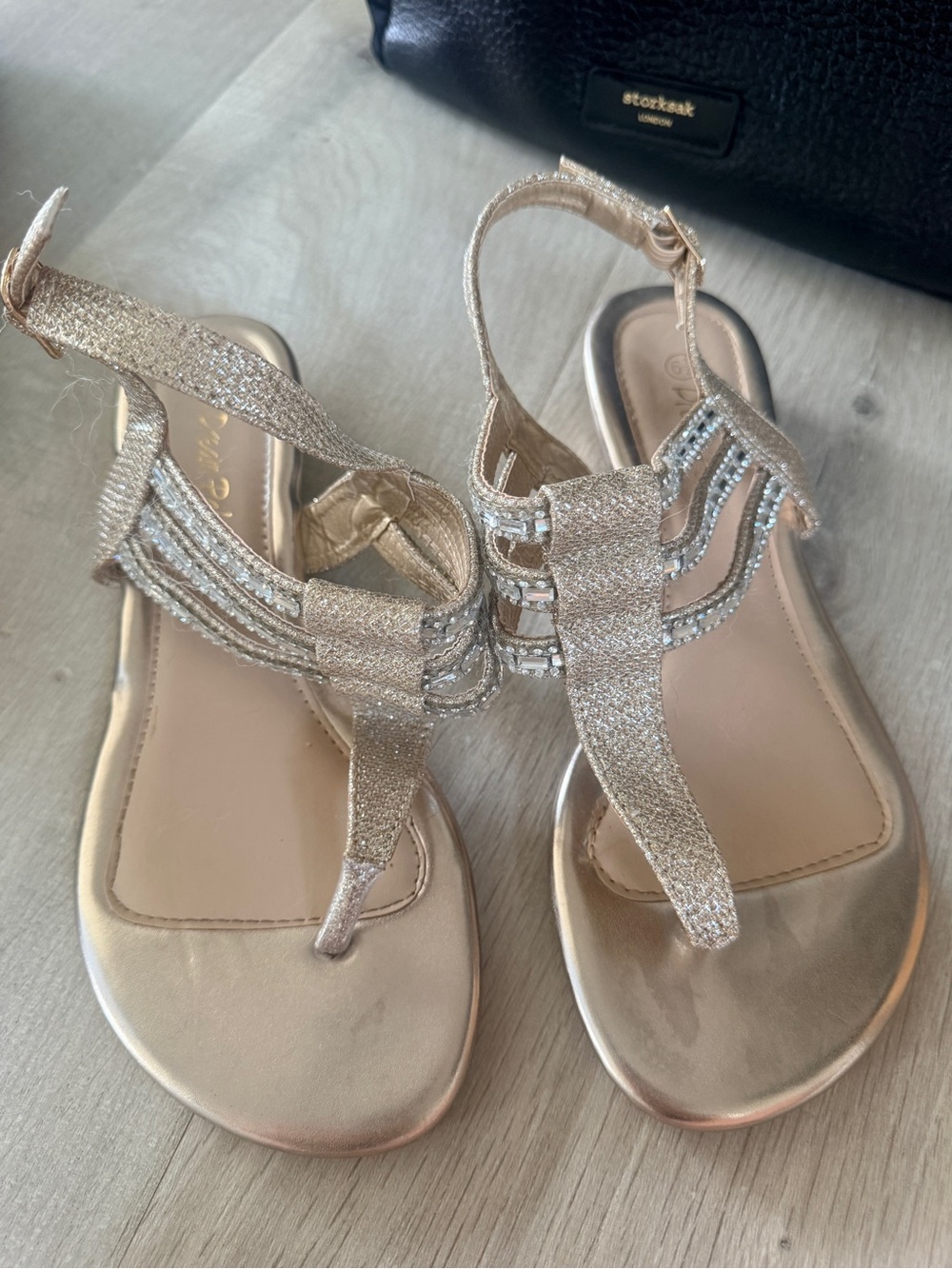Women’s Metallic Gold T-Strap Sandals with Rhinestone Detail size 6.5